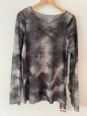 Y2K Grunge Tie Dye Sheer Mesh Long Sleeve Top Gray Black Crew Neck One Size
